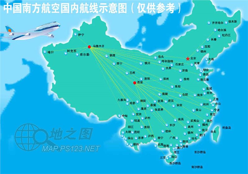 中国南航国内航线示意图