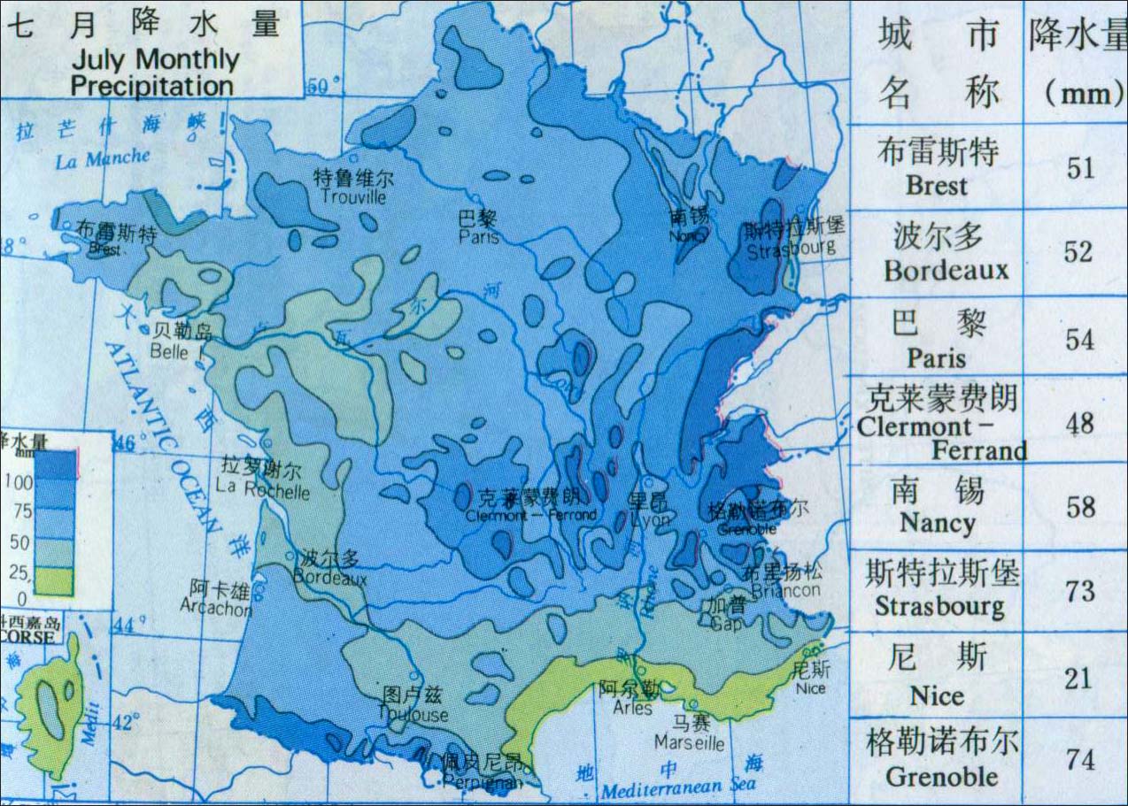 法国七月降水量分布图